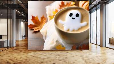 a whimsical coffee cup with ghostly latte art perfect for cozy autumn vibes and festive coffee moments Wall mural