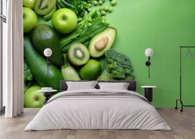 composition of green vegetables green fruits and green food green background close up photography Wall mural