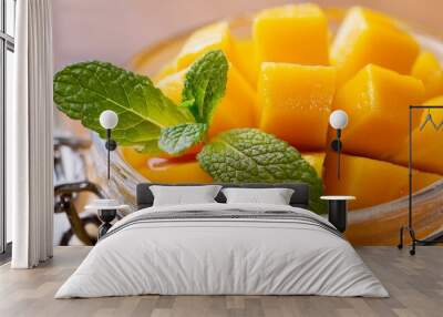 Macro cup of mango with mint leaves Wall mural