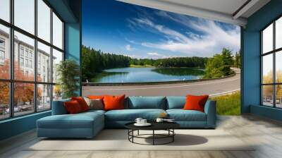 scenic lakeside drive a circular asphalt road encircles a serene lake surrounded by lush greenery beneath a bright blue sky inviting peaceful exploration and reflection Wall mural