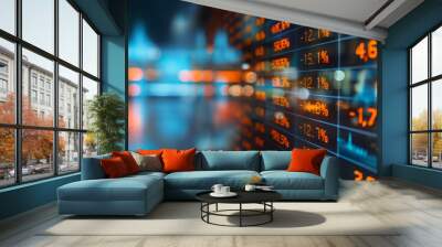 Stock market data. Table of digital data displayed on large screen with lights and blurred background Wall mural