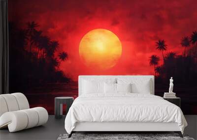 Tropical sunset with red sky and palm tree silhouettes, paradise landscape Wall mural