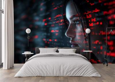 Woman's face with augmented code and digital data, double exposure, digital technology and analytics background Wall mural