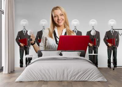 woman and lamp head businesspeople with laptop Wall mural