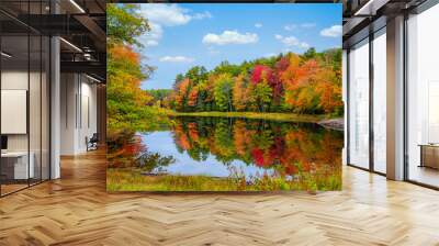 Colorful foliage tree reflections in calm pond water on a beautiful autumn day in New England Wall mural