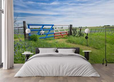 Texas bluebonnet field and a fence with gate in spring Wall mural