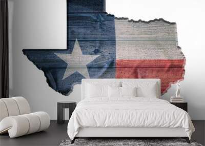 Texas flag wood texture on the state map outline against wooden board background. Vintage effects. Isolated on white. Wall mural