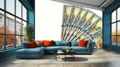 Seven one hundred dollar bills fanned out on an off white background, United States currency, isolated Wall mural