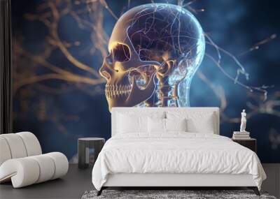 Human skeleton with neurons system for medical health care background.Generative Ai Wall mural