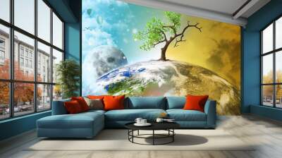 Earth and tree divided into two parts: clean and polluted. A concept of climate change and global warming. Save Earth. Air pollution. Deforestation. Species extinction. Overpopulation. Wall mural