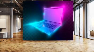 Laptop with blue and rose light on dark background. Notebook with empty blank screen. Computer technology and internet web communication concept. Wall mural