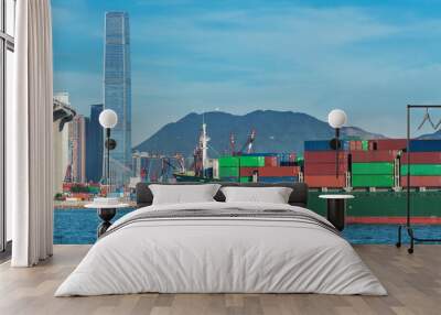 Cargo ship in Victoria Harbor in Hong Kong city Wall mural