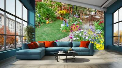 Lush landscaped backyard flower garden Wall mural