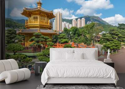 Pavilion in Chinese Temple - Chi Lin Nunnery in Hong Kong city Wall mural