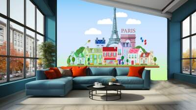 Flat stylish vector illustration for Paris, France. Travel and tourism concept. Flat design urban landscape. Wall mural