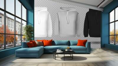 Hoody set. Realistic mockup. Long sleeve hoody template on transparent background. White, black and gray version Wall mural