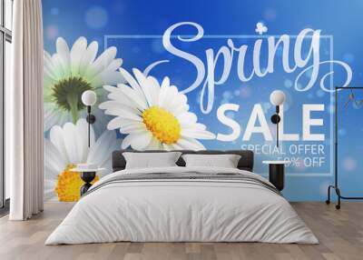 Springr sale concept. Summer background with chamomile and blue sky background. Template for banners, web, flyer, voucher. Vector illustration. Wall mural