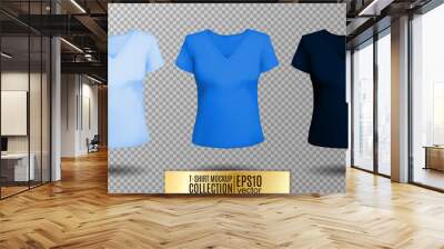 Women's black t-shirt with short sleeve and V-neck in front and back views. Vector template. Fully editable handmade mesh. Light. normal, dark blue Wall mural