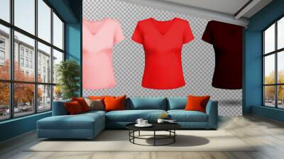 Women's black t-shirt with short sleeve and V-neck in front and back views. Vector template. Fully editable handmade mesh. Pink, red, vinous Wall mural