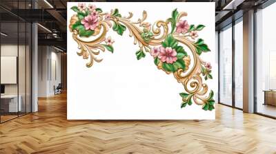 Floral swirl design element in tan, green, and pink with leaves and flower blossoms on a white background. Abstract painting style illustration created with Generative AI technology. Wall mural