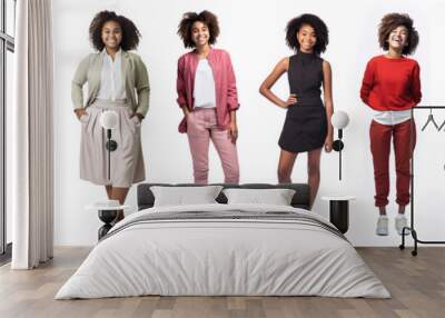 Group of full body black teenage girls, standing, in different ages, sizes, poses, expressions, hairstyles, clothing, separately isolated on a white background. Wall mural