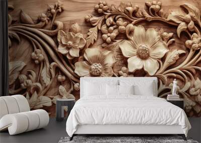 Natural wood plank carving, floral design with carved branches, leaves, and flowers. Abstract illustration created with Generative AI technology. Wall mural