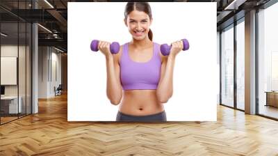 Exercise, portrait and woman with dumbbell in studio for training challenge, fitness and healthy body. Athlete, smile and person with gym equipment for muscle, strength or workout by white background Wall mural