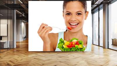 Portrait, woman and bowl with salad in studio for weight loss, healthy diet and detox benefits. Vegetables, fork person and organic food for immune system, nutrition or vegan on white background Wall mural