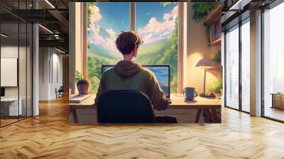 A man working remotely from home, anime style sitting at a desk in a cozy  room. he is focused on his laptop with a cup of coffee , natural light flooding through a window in the background. Wall mural