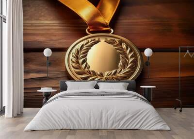 Golden Medal with Ribbon Lying on a Wooden Table Wall mural