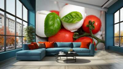 fresh caprese salad ripe tomatoes, mozzarella and basil leaves, close-up, traditional italian food Wall mural