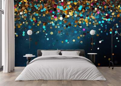 Party banner, confetti trickles down from above, abstract background, colourful celebration design Wall mural