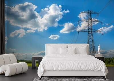 Row of Electricity Towers in Green Field, Sustainable Power Engineering Wall mural