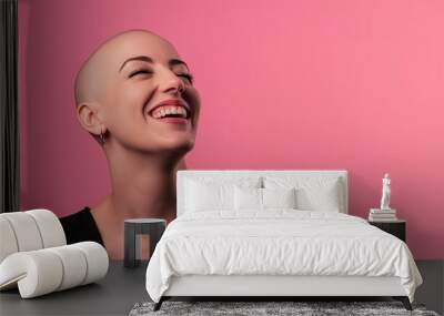 Smiling Bald Caucasian Woman in Black Shirt Expressing Happiness and Self-Acceptance Wall mural