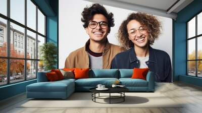 smiling young pair with glasses sharing a joyful moment, useful for advertising eyewear or casual fashion, ai generated Wall mural