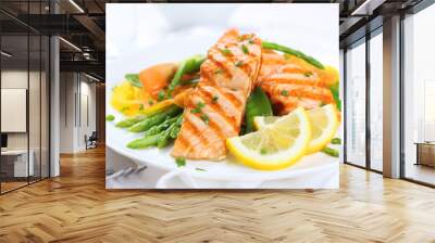 grilled salmon with asparagus, pea, yellow peppers, carrots and Wall mural