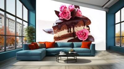 piece of chocolate cake on white isolated background Wall mural