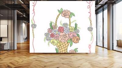 Card with basket of flowers in cartoon style. Wall mural