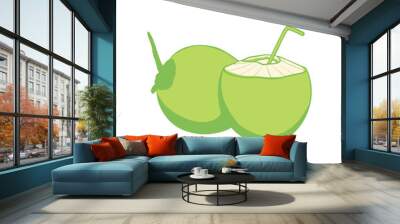 Vector illustration of whole and half green young coconut. Wall mural