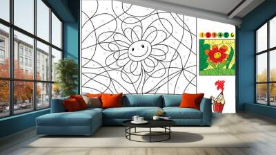 funny smiling flower. color by numbers. coloring book. educational puzzle game for children. cartoon Wall mural