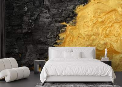 abstract background of rough black charcoal with swirling gold paint and glitter. bold contrast of b Wall mural