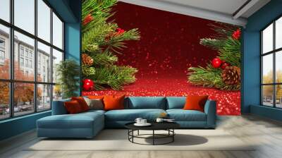 Christmas tree branches on glittering red background Wall mural