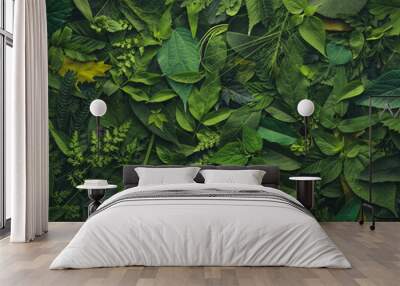 Foliage background with a variety of vibrant plant leaves showing a diverse ecosystem and the biodiversity of nature. Wall mural