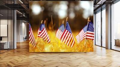 Group of American flags in yellow and orange Autumn grass Wall mural