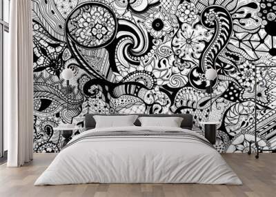 hand drawn black and white abstract doodle sketch drawing Wall mural