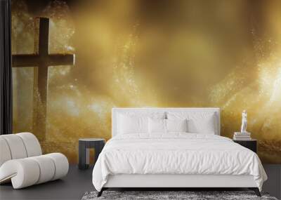 Religious cross in abstract wallpaper with shining gold sparkles and radiant lights. Symbolism of heaven or the resurrection. Wall mural