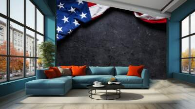 US American flag on worn black background. For USA Memorial day, Veteran's day, Labor day, or 4th of July celebration. With blank space for text. Wall mural