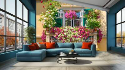 Balcony plant and flower pots garden with colored boxes nature Italian trellis Wall mural