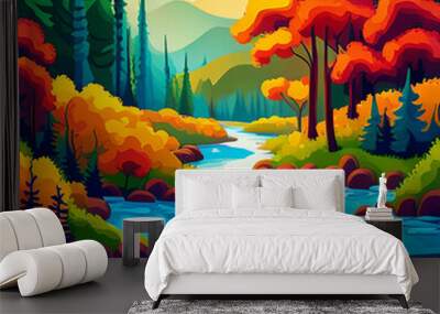 Vibrant Autumn River Landscape in Flat Design Style, vector graphic illustration art Wall mural