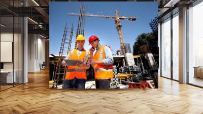 Structural engineer and architect dressed in orange work vests and  hard hats discuss the construction process by the phone and use tablet  on the open building site Wall mural